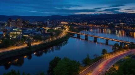 Night cityscape with river, bridge, and city lights.