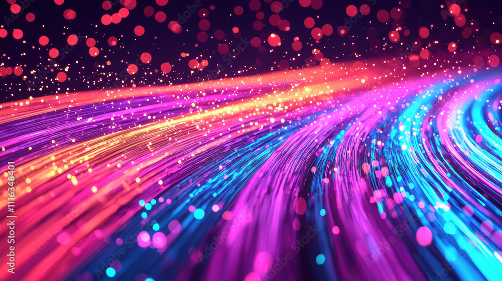 Poster a vibrant, abstract background featuring flowing lines of color and glowing particles, creating a dy