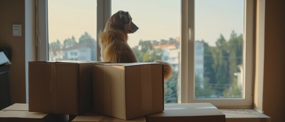 A dog gazes out a window next to packed boxes, embodying anticipation and a new chapter in a cozy home setting.