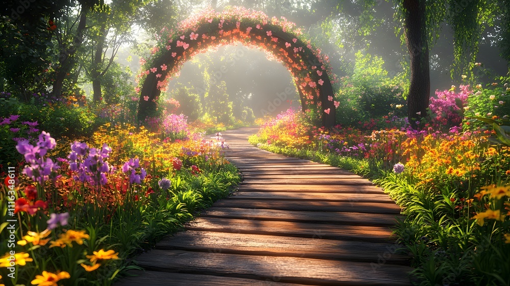 Wall mural Sunlit path through a vibrant floral archway in a magical garden.