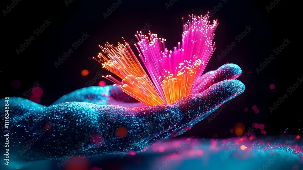 Poster mesmerizing fiber optic strands in a captivating array of iridescent hues against a pitch black back