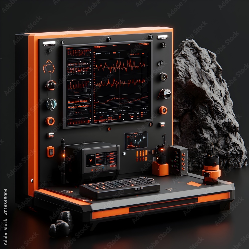 Poster futuristic digital dashboard console with advanced data monitoring and analytical displays in a high
