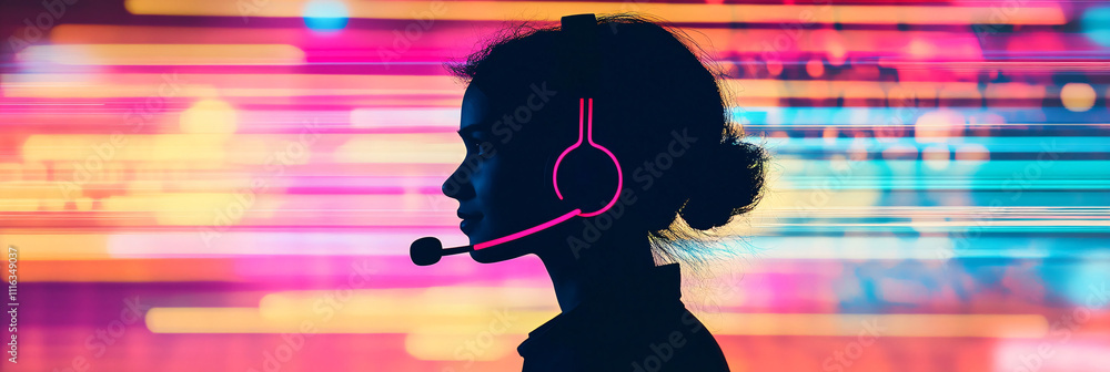 Poster a silhouette of an it support person with a headset, over a clean background with abstract tech line