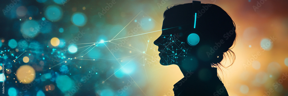 Poster a silhouette of an it support person with a headset, over a clean background with abstract tech line