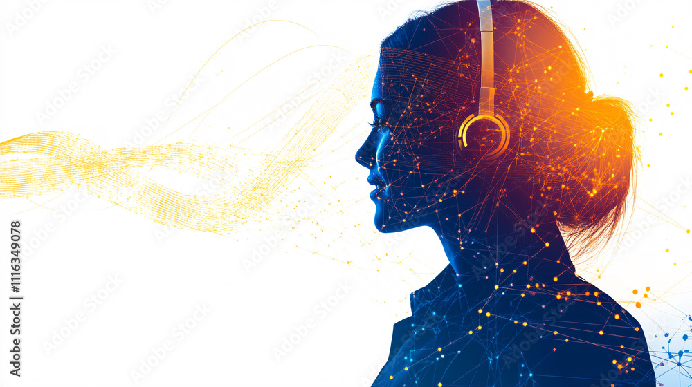 Poster a silhouette of an it support person with a headset, over a clean background with abstract tech line