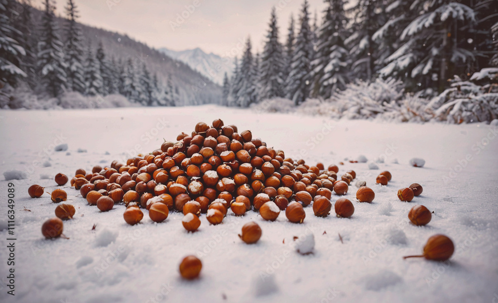 Poster pile of nuts is on the snow. there are many nuts in the pile