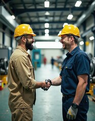 Engineers shaking hands in a factory setting highlighting teamwork and collaboration