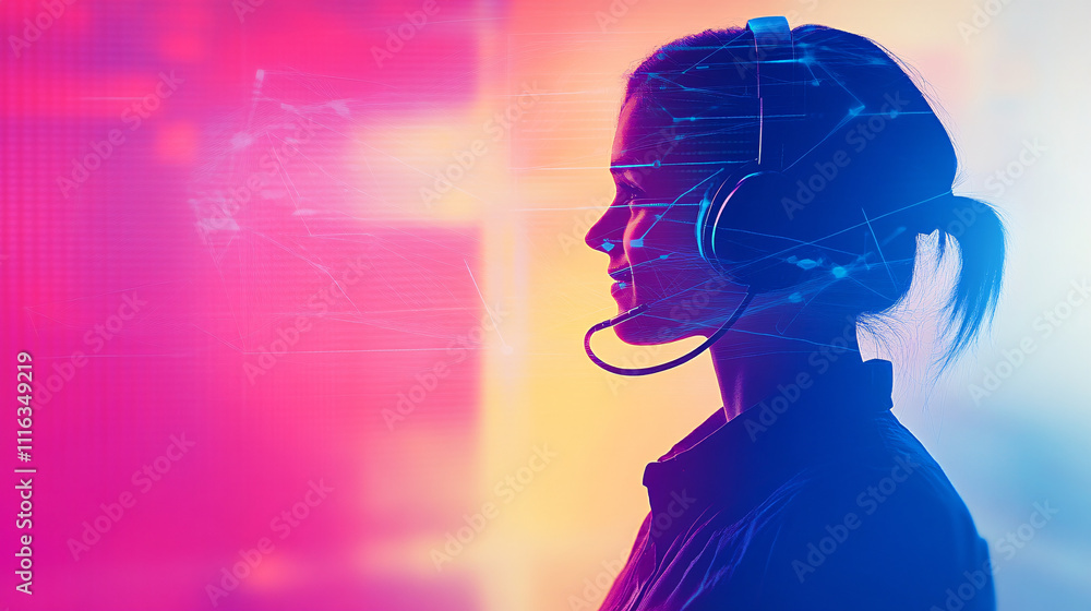 Poster a silhouette of an it support person with a headset, over a clean background with abstract tech line