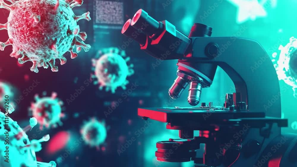 Poster advanced ai-generated illustration depicting a microscope and virus particles in a high-tech laborat