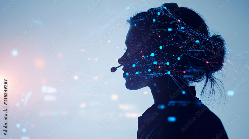 Poster a silhouette of an it support person with a headset, over a clean background with abstract tech line