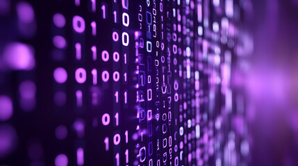 Digital data stream of binary nubers and glass fiber lines, purple technology background, concept for cyber security and modern information exchange