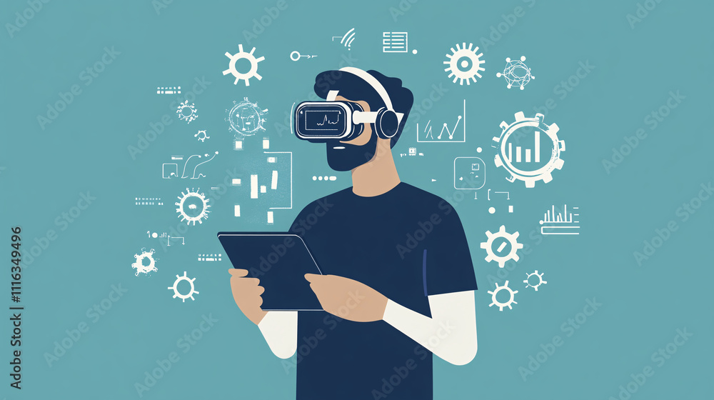 Poster a simple avatar of a man with a headset, holding a tablet, surrounded by small floating gear and dat