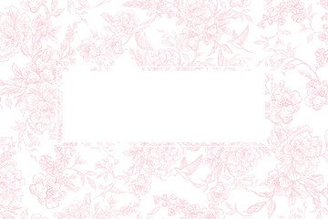 Tender graphic wedding card with flowers of peony and birds. Illustration