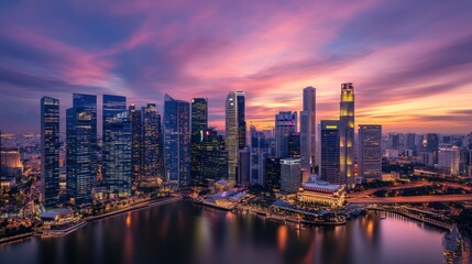 Fototapeta premium Here's a 10-word description: City skyline at sunset, skyscrapers reflecting