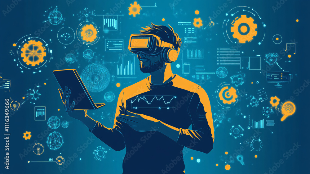 Poster a simple avatar of a man with a headset, holding a tablet, surrounded by small floating gear and dat