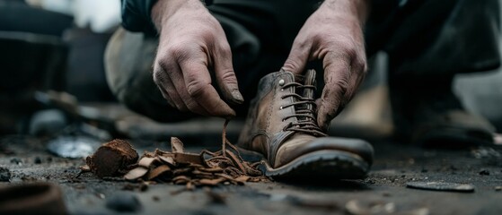 Worker ties leather boot laces with skillful hands amidst scattered workshop tools, showcasing craftsmanship in a gritty, authentic setting.