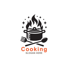 hot pot, croos spoon,fire cooking logo 