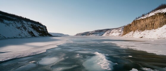 A vast frozen river extends between snow-dusted cliffs under a clear blue sky, embodying the stark...