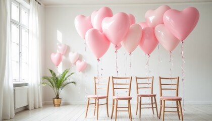 Pink heart balloons in bright minimalistic room