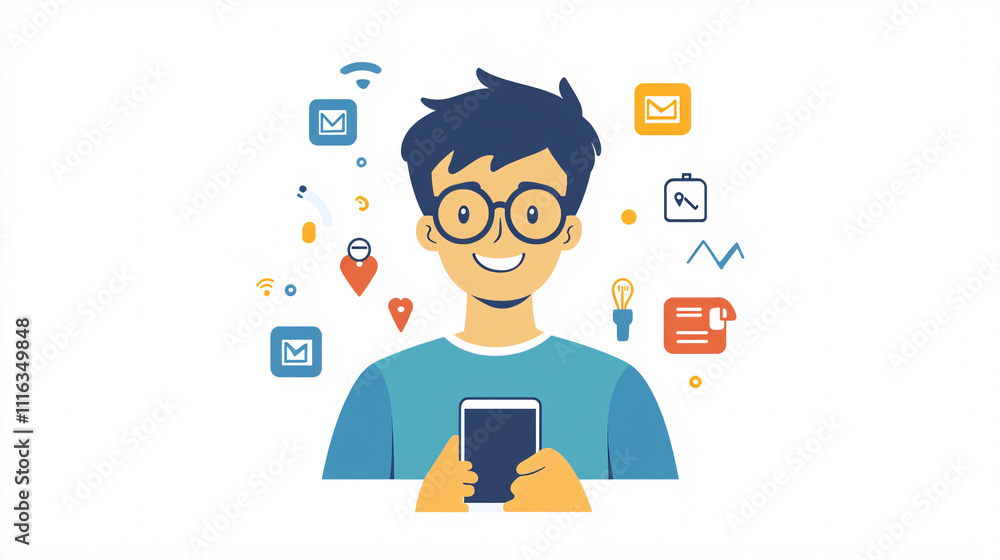 Poster a simple avatar of a man with glasses, holding a smartphone, with clean lines and a few floating tec