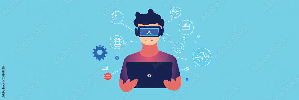 Poster a simple avatar of a man with a headset, holding a tablet, surrounded by small floating gear and dat
