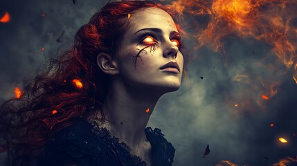 Woman with Fiery Red Hair and Glowing Eyes Amidst Smoke and Flames