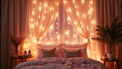 Cozy bedroom with fairy lights and draped curtains