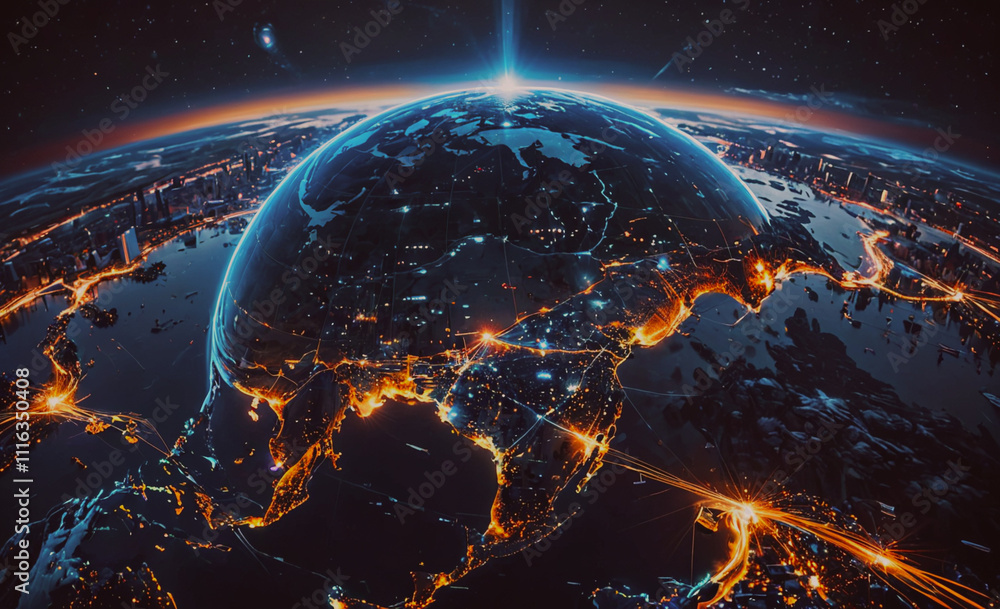 Poster Planet with a bright light on it. There are many lights on the planet