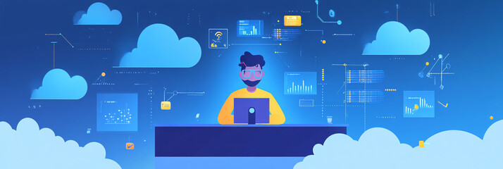 A simple avatar of a tech guy seated in a virtual helpdesk environment, with floating clouds and data points. 
