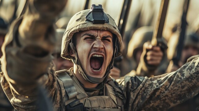 A group of soldiers stands in formation, fervently shouting as they prepare for training. Their expressions convey intense commitment and solidarity, embodying the spirit of teamwork at sunrise