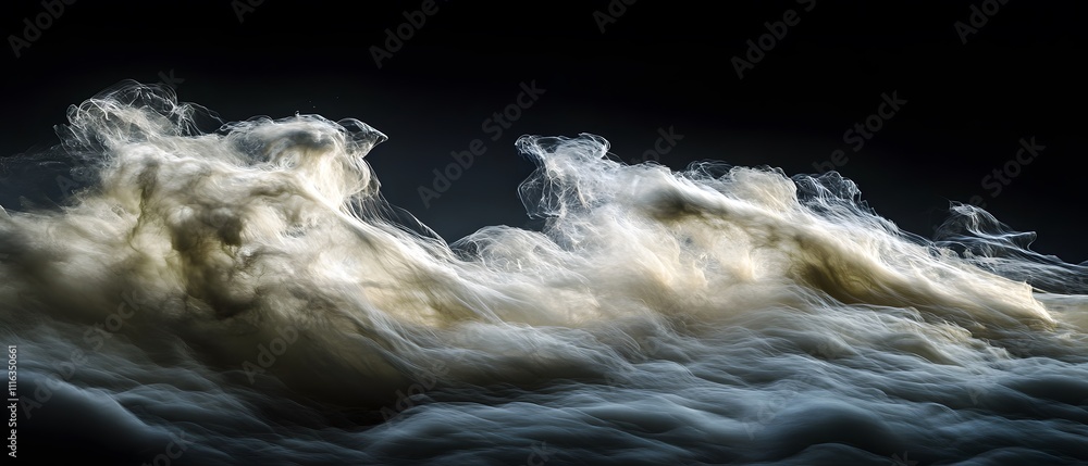 Aufkleber Ethereal Wave Patterns of Smoke Flowing Across a Dark Background with Soft Light Highlights, Creating a Dreamy and Mysterious Atmosphere in Abstract Art
