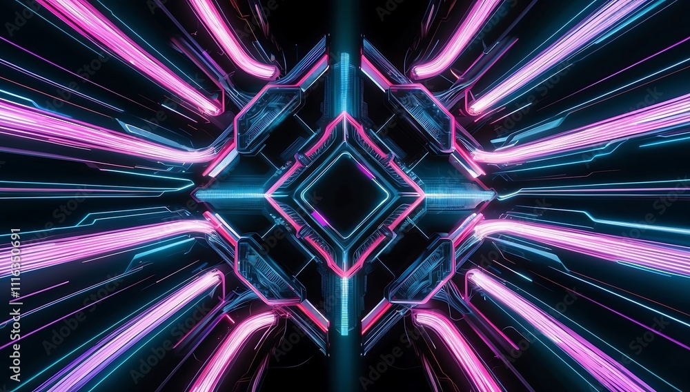 Poster Neon Geometric Abstract:  Hypnotic and futuristic, this abstract artwork features a vibrant, geometric design with neon lights.  The intricate details and dynamic color scheme create a captivating.