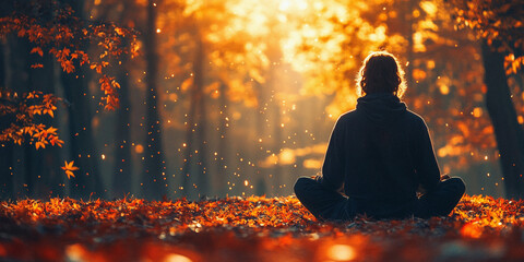 Ein ruhiger Wald mit einem meditierenden Mann, umgeben von Bäumen und sanftem Licht, viel freier Raum für Text – ideal für Webbanner, Flyer oder Anwendungen im Bereich Achtsamkeit und Natur.