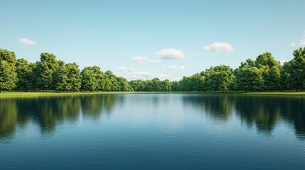 Obraz premium Serene Landscape with Calm Water and Lush Green Trees on a Clear Day