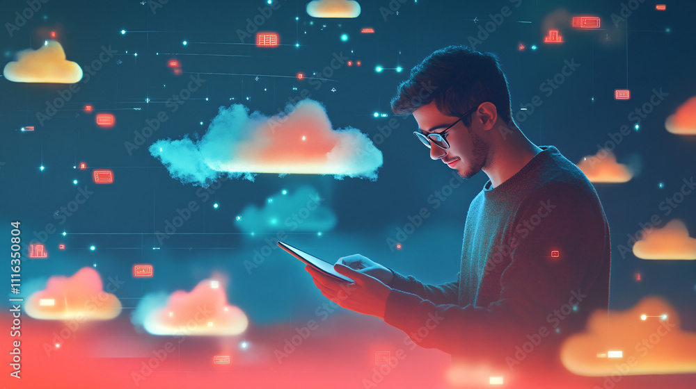 Poster a simple avatar of an it guy working on a tablet, surrounded by digital clouds and floating data str