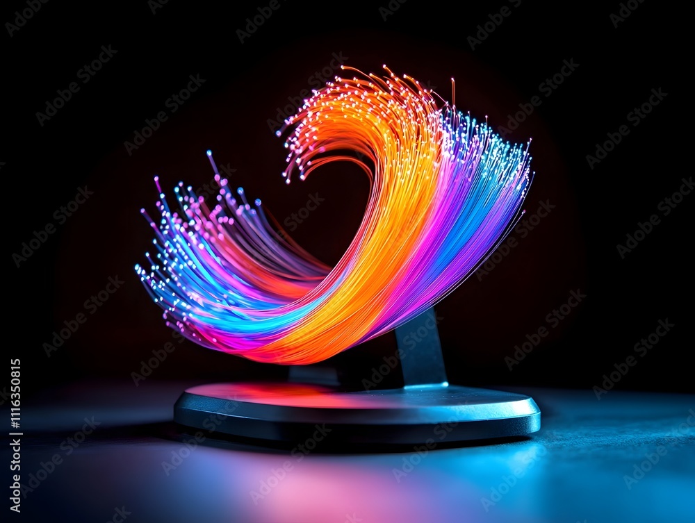 Poster mesmerizing display of illuminated prismatic fiber optic strands undulating and intertwining in a ca
