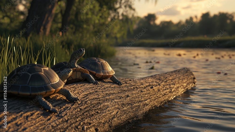 Poster two turtles resting on a log by a tranquil river, surrounded by lush greenery and shimmering waters 