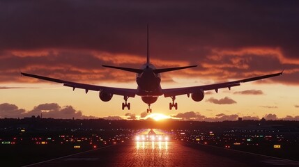 Airplane taking off from the runway at sunset