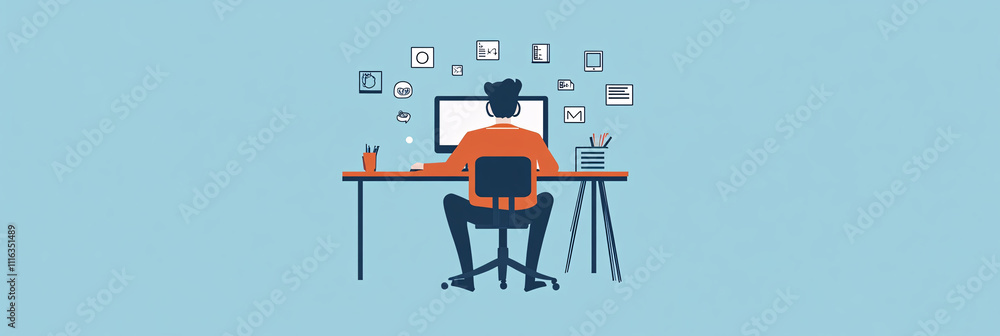 Poster a simple, clean illustration of an it man at a desk with a desktop computer, surrounded by minimalis