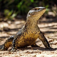 Fototapeta premium A Lizard Standing Tall on a Sandy Ground
