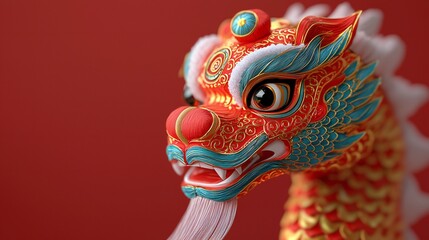 Festive Chinese Dragon Dance Head Red Gold Teal Asian Culture New Year