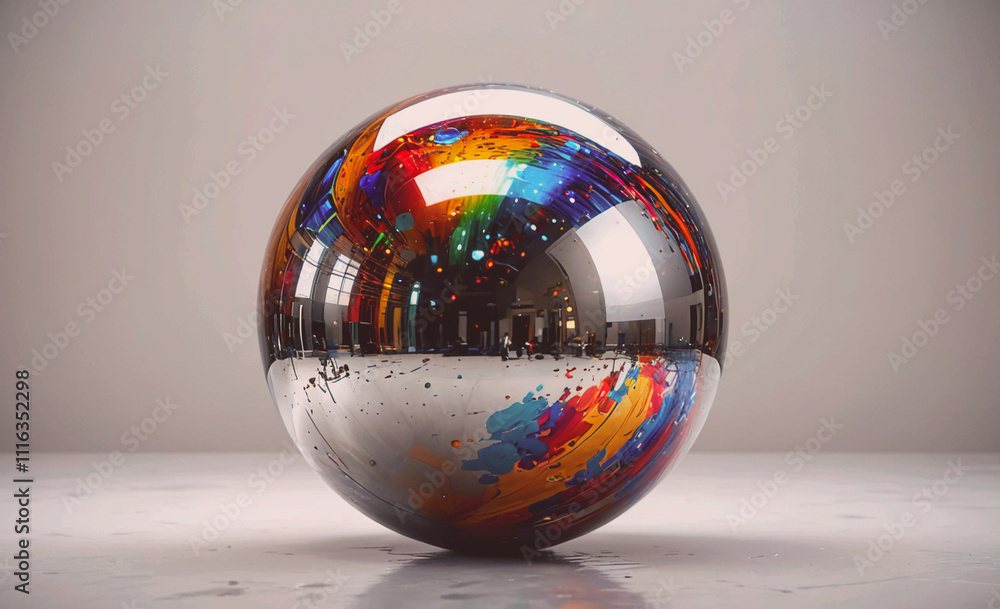 Poster large, colorful ball is sitting on a white surface. the ball is reflecting the surrounding area, cre