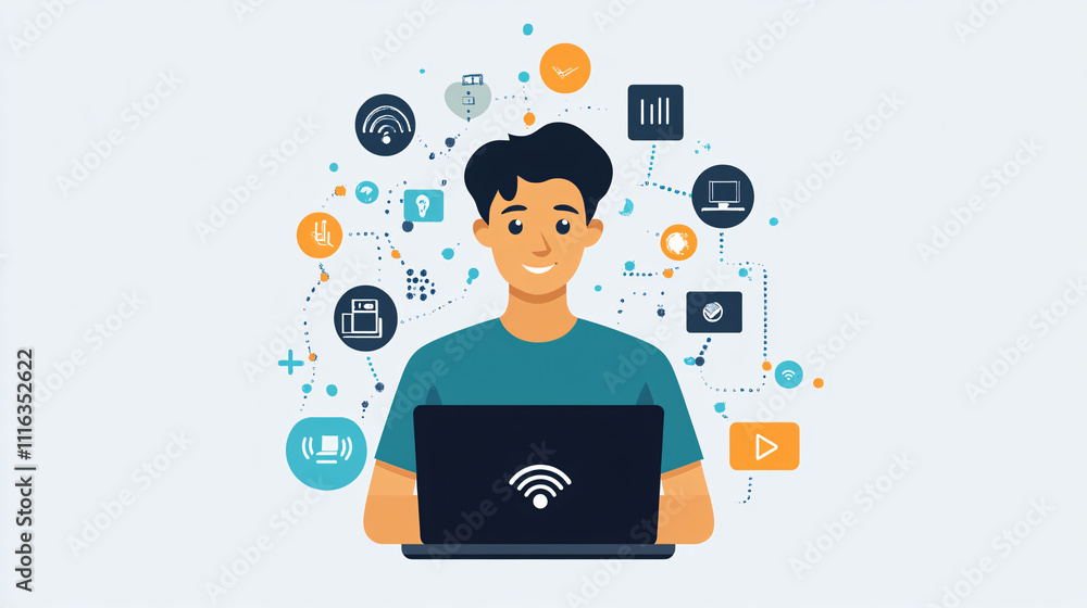 Poster a simple it man character holding a laptop, surrounded by small digital icons like wi-fi and setting