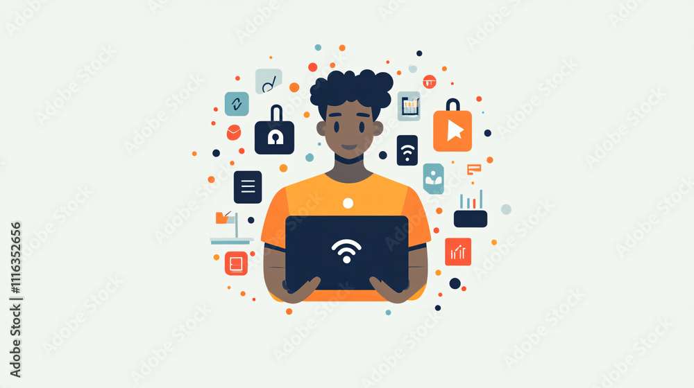 Poster a simple it man character holding a laptop, surrounded by small digital icons like wi-fi and setting