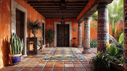 rustic mexican hacienda interior with warm terracotta tones