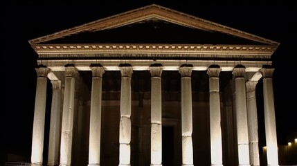 Naklejka premium Night view of a majestic ancient temple illuminated, showcasing its classical architecture, columns, and pediment.