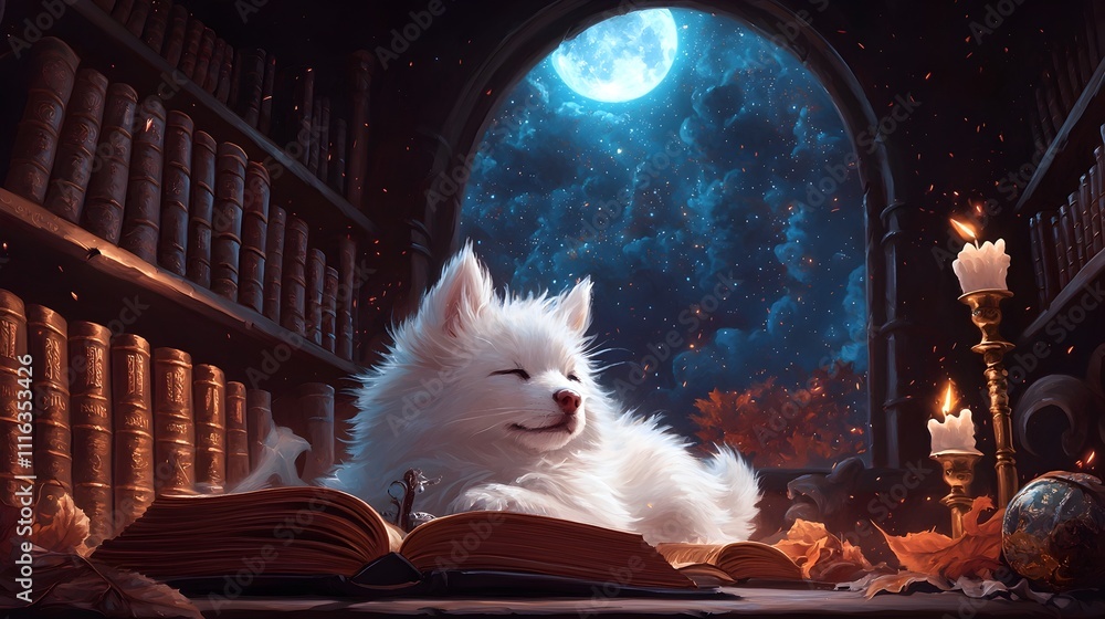 Poster enchanting wizards library atmospheric fantasy background with rows of ancient leather bound tomes o