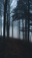 Fototapeta premium A misty forest landscape with dense fog covering the trees and hills.