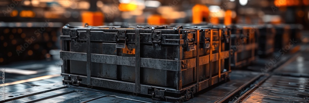 Poster a close-up view of metallic storage crates in a warehouse setting.