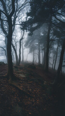 Obraz premium A misty forest landscape with dense fog covering the trees and hills.
